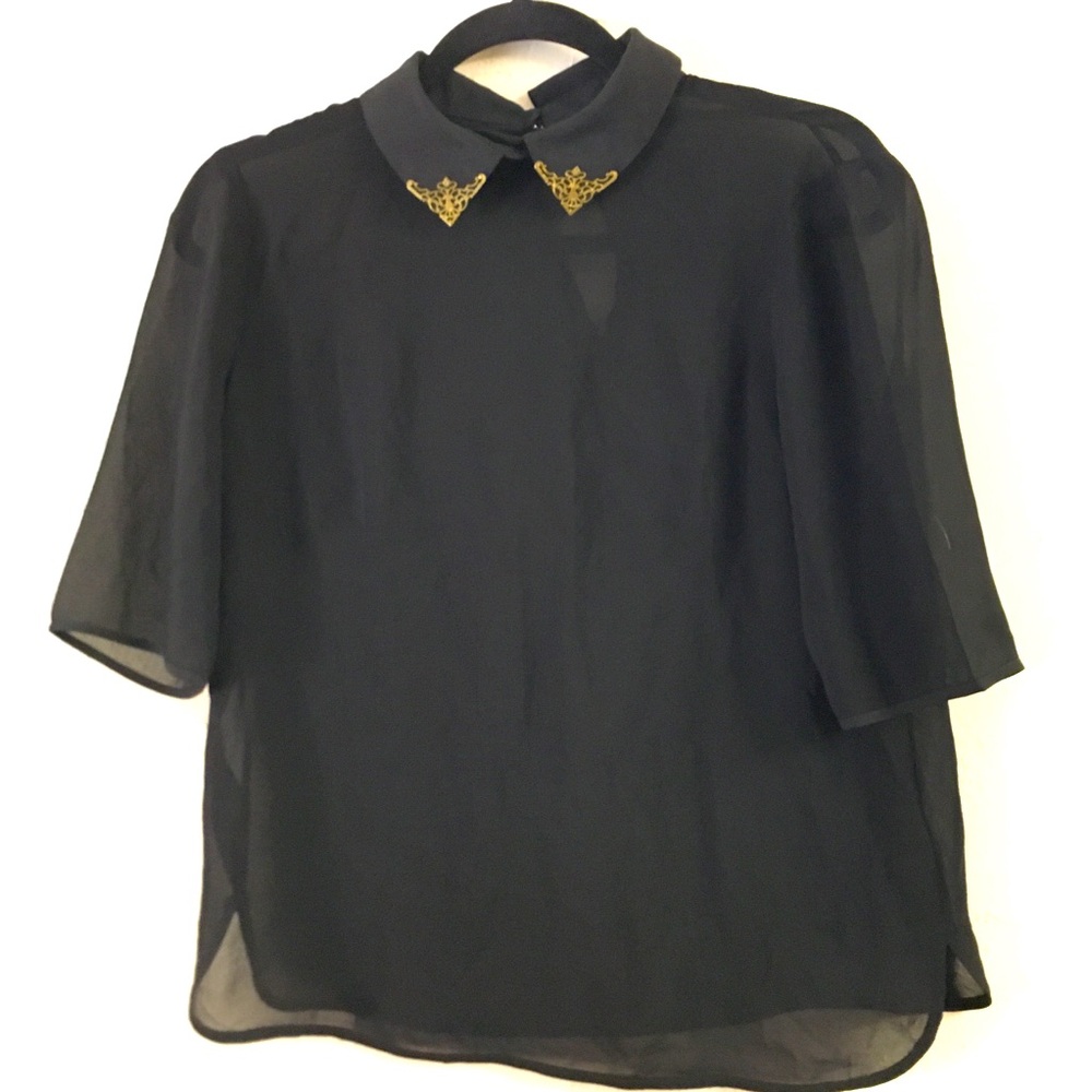 Ted Baker Sheer Short Sleeve Blouse Size 4/6 Black Pointy Collar Detail
